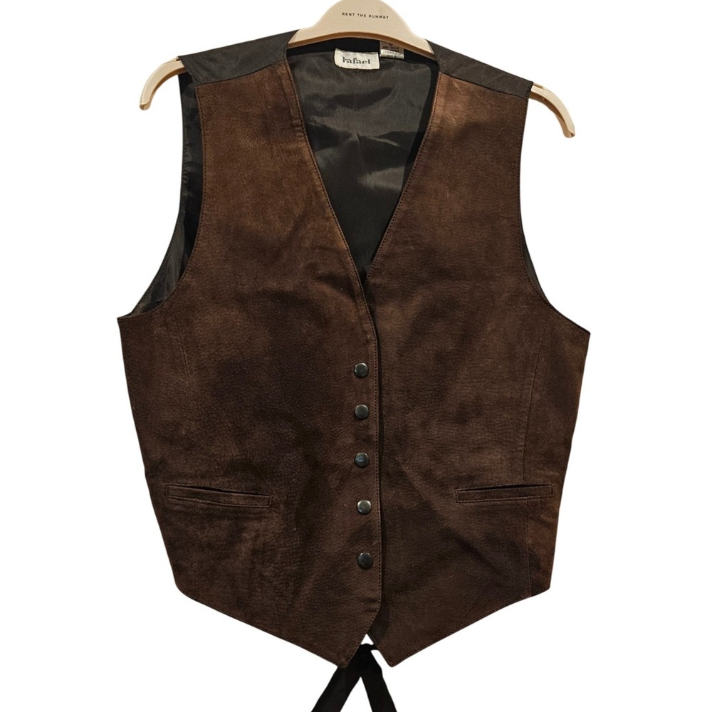 Rafael Mens Genuine Leather Suede Vest Dark Brown V-Neck Button Pockets Lined